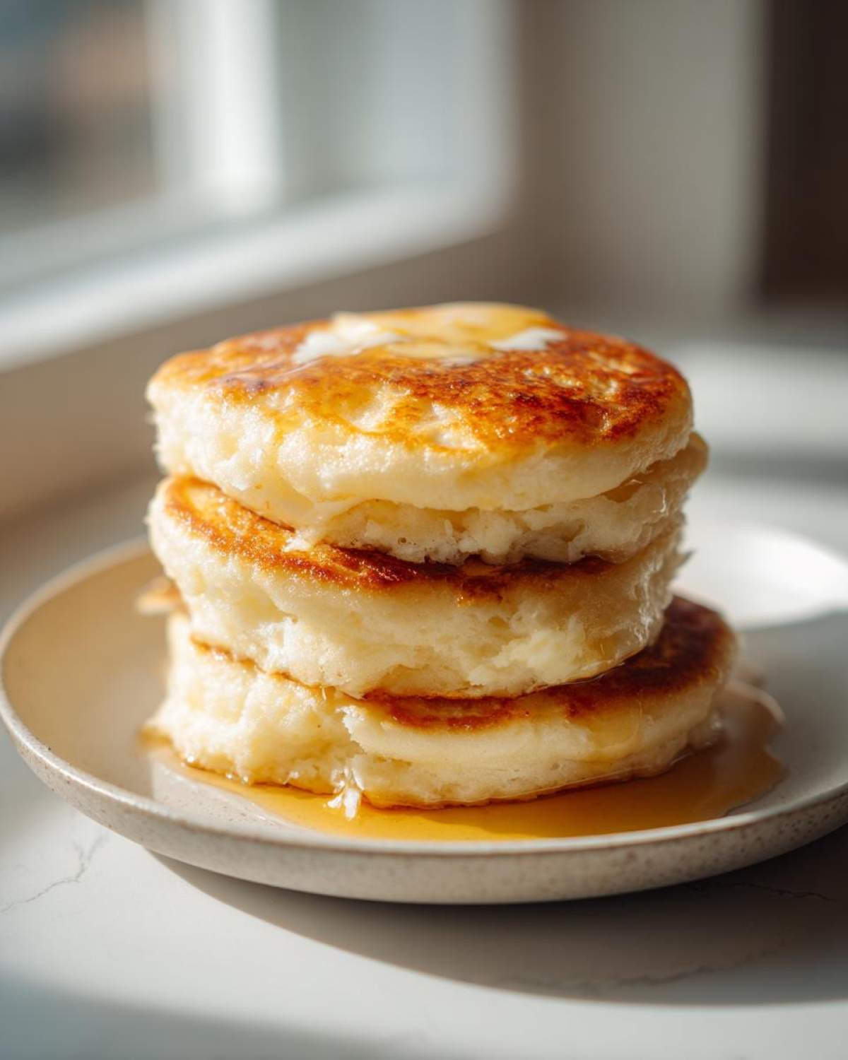 A stack of three thick, fluffy coconut flour pancakes drizzled with melting butter and syrup on a light plate.