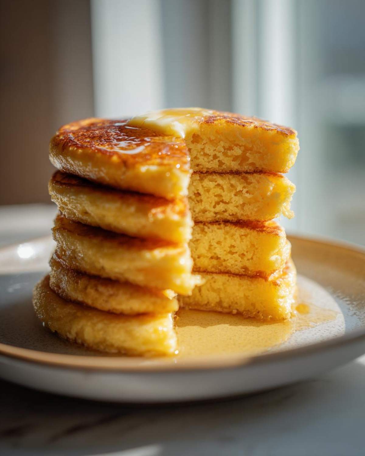 Close-up of a tall stack of fluffy coconut flour pancakes, drizzled with syrup and topped with melting butter.