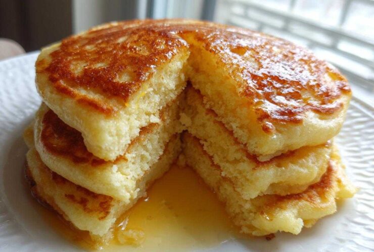A thick stack of fluffy coconut flour pancakes cut open, drizzled with syrup pooling on the white plate.