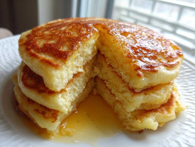 A thick stack of fluffy coconut flour pancakes cut open, drizzled with syrup pooling on the white plate.