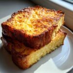 Two thick slices of golden brown easy french toast stacked on a light gray plate, catching the sunlight.
