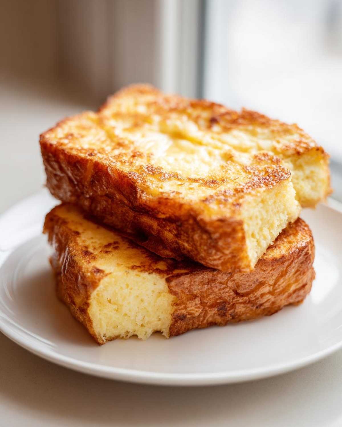 Two thick slices of golden brown easy french toast stacked on a white plate.