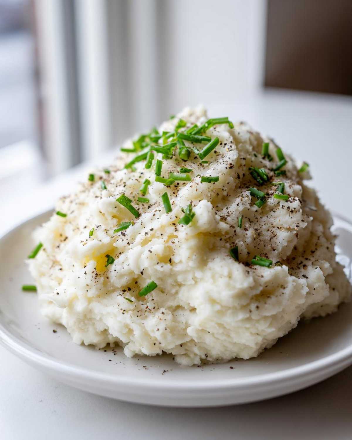 A generous mound of creamy garlic mashed potatoes seasoned with black pepper and topped with fresh green chives.