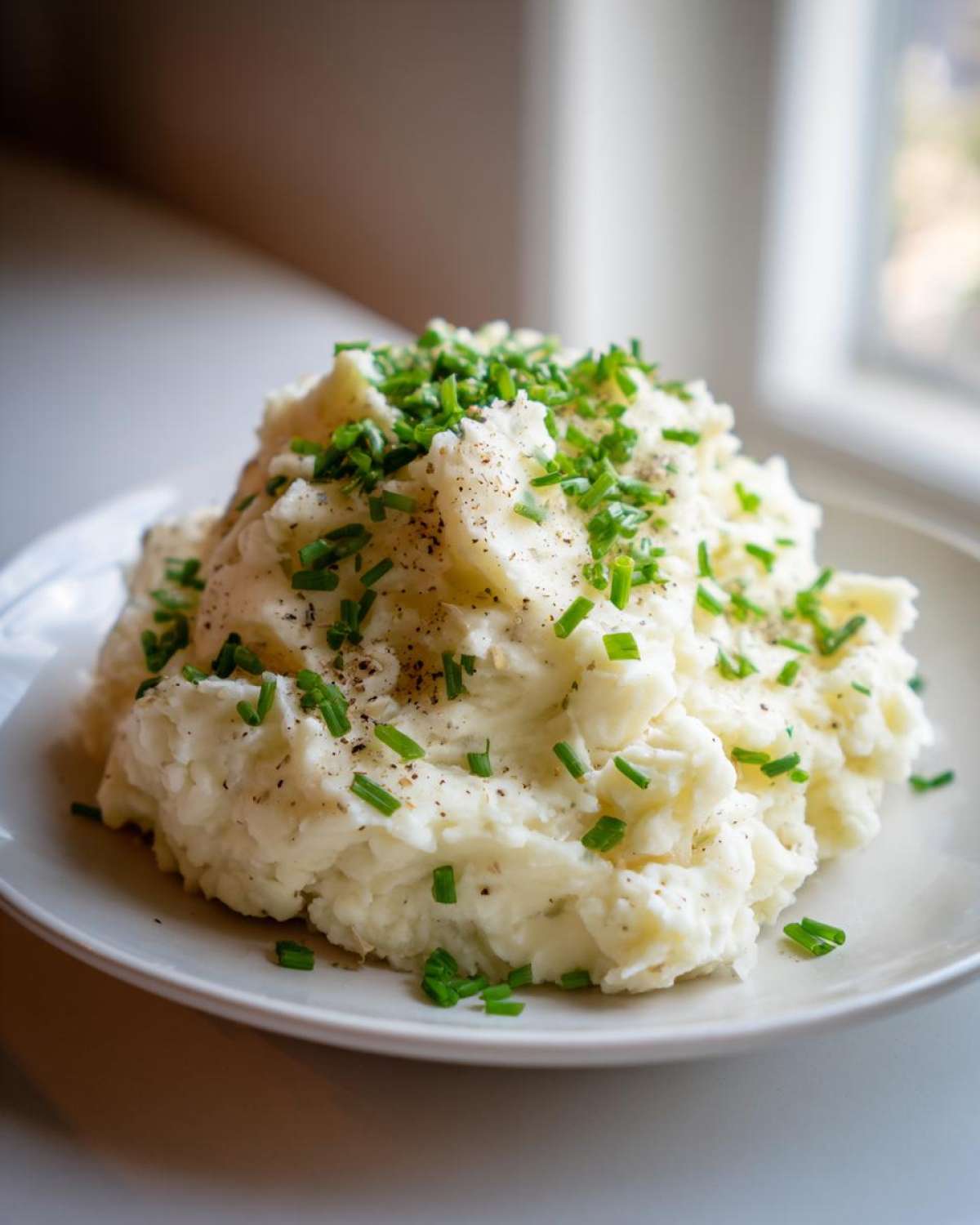 A generous serving of fluffy garlic mashed potatoes topped with fresh chopped chives and black pepper.