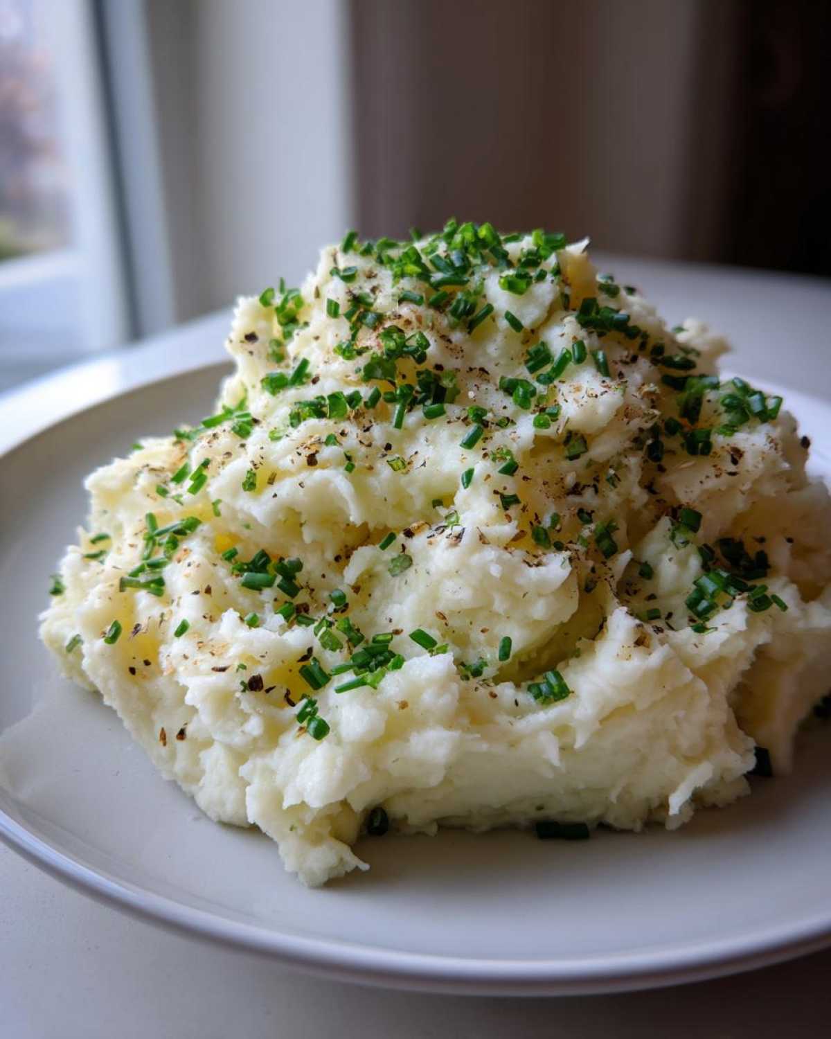 A generous serving of fluffy garlic mashed potatoes topped with fresh chopped chives and cracked black pepper.