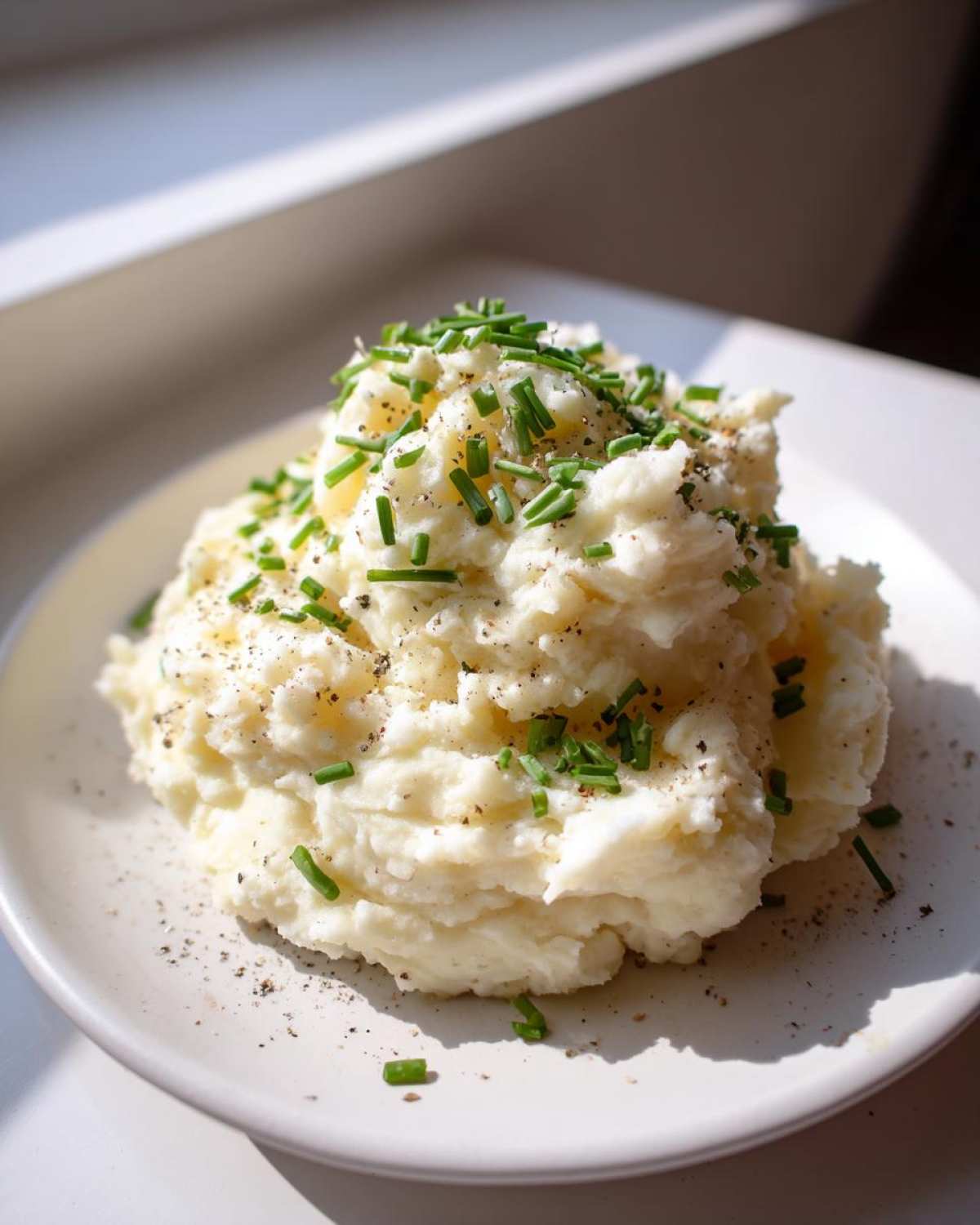 A serving of creamy garlic mashed potatoes topped generously with fresh chopped chives and black pepper.