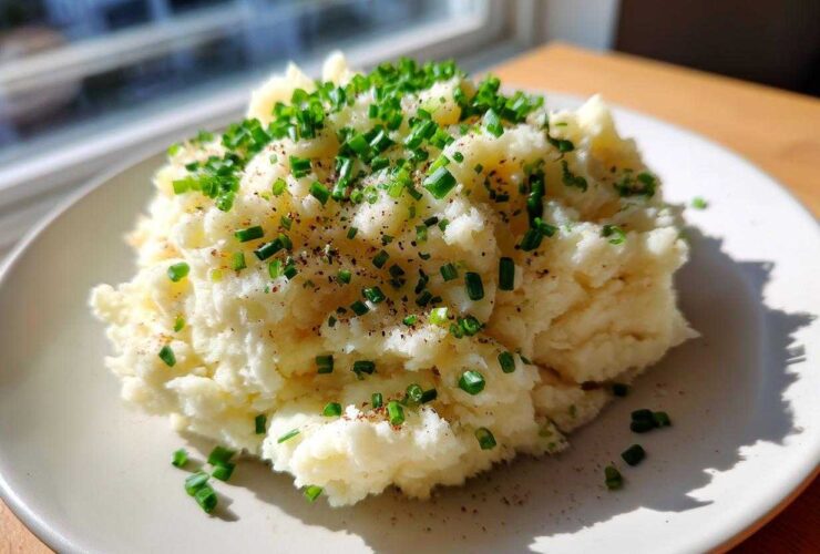 A mound of creamy garlic mashed potatoes topped generously with fresh chopped chives and black pepper.