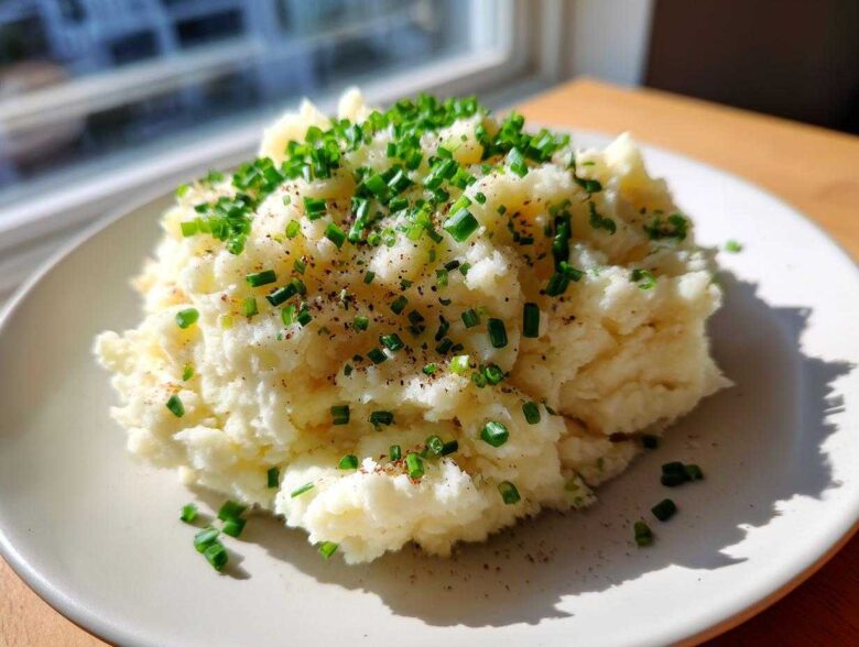 A mound of creamy garlic mashed potatoes topped generously with fresh chopped chives and black pepper.