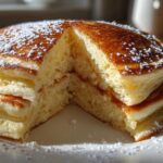 Close-up of fluffy greek yogurt pancakes stacked and cut open, showing the airy interior and dusted with powdered sugar.