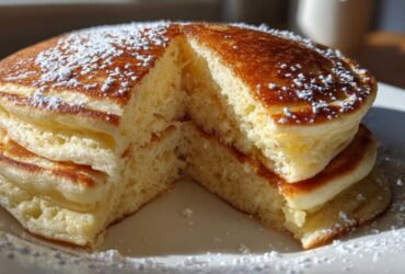 Close-up of fluffy greek yogurt pancakes stacked and cut open, showing the airy interior and dusted with powdered sugar.