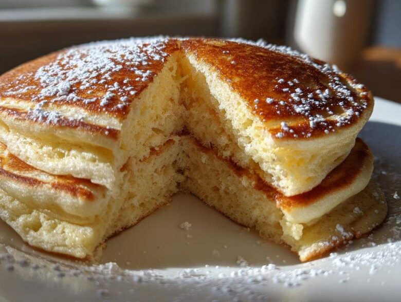 Close-up of fluffy greek yogurt pancakes stacked and cut open, showing the airy interior and dusted with powdered sugar.