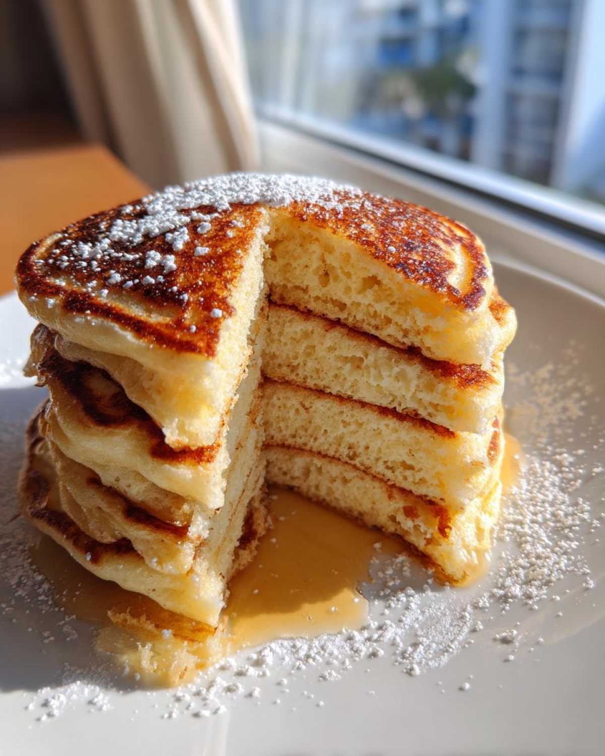 A tall stack of fluffy greek yogurt pancakes, cut to show the interior, drizzled with syrup and dusted with powdered sugar.