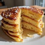 Close-up of a tall stack of fluffy greek yogurt pancakes, cut to show the texture, dusted with powdered sugar.