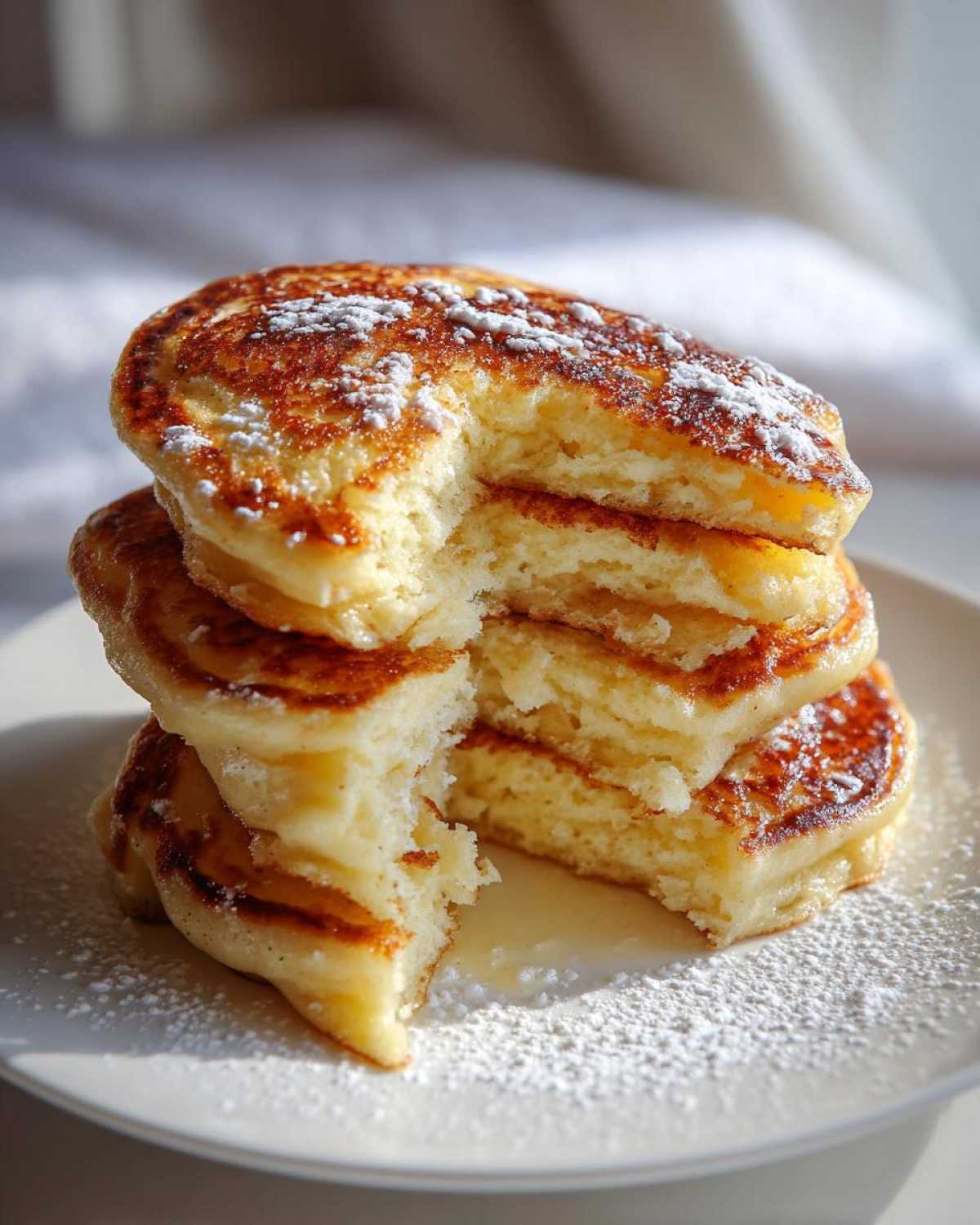 A tall stack of fluffy greek yogurt pancakes, cut open to show the texture, dusted with powdered sugar.