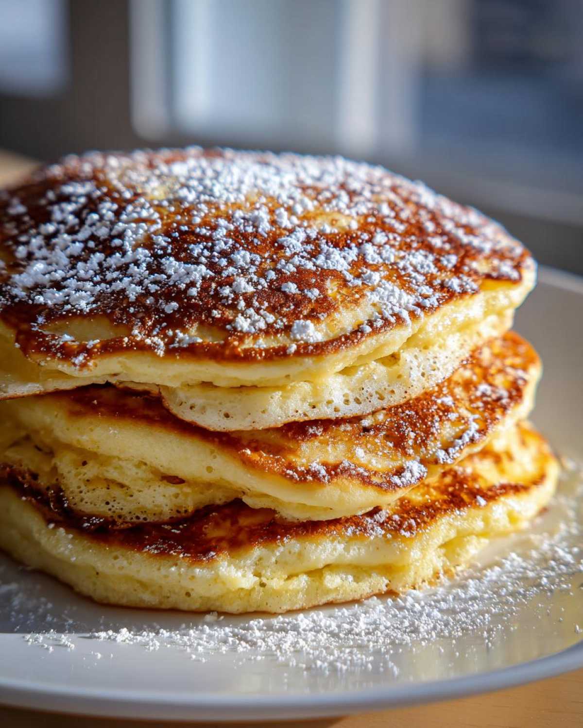 A tall stack of fluffy greek yogurt pancakes dusted generously with white powdered sugar on a white plate.