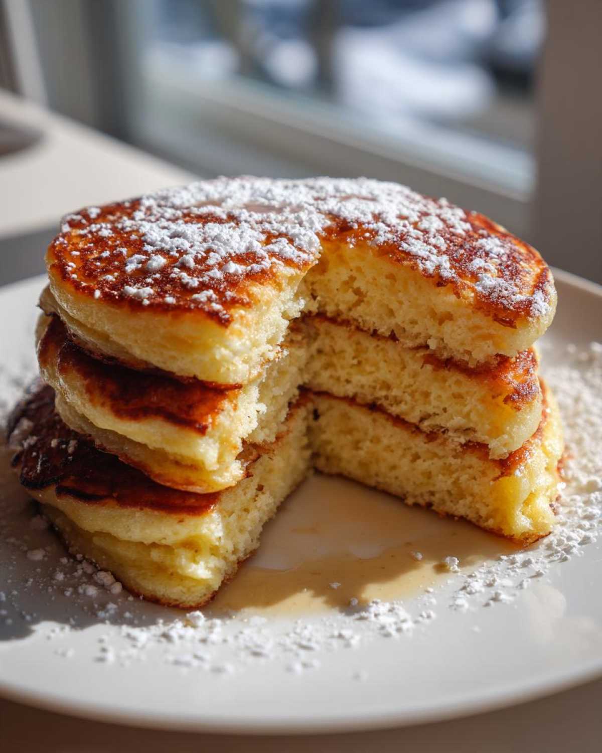 A tall stack of fluffy greek yogurt pancakes, cut to show the airy interior, dusted with powdered sugar.