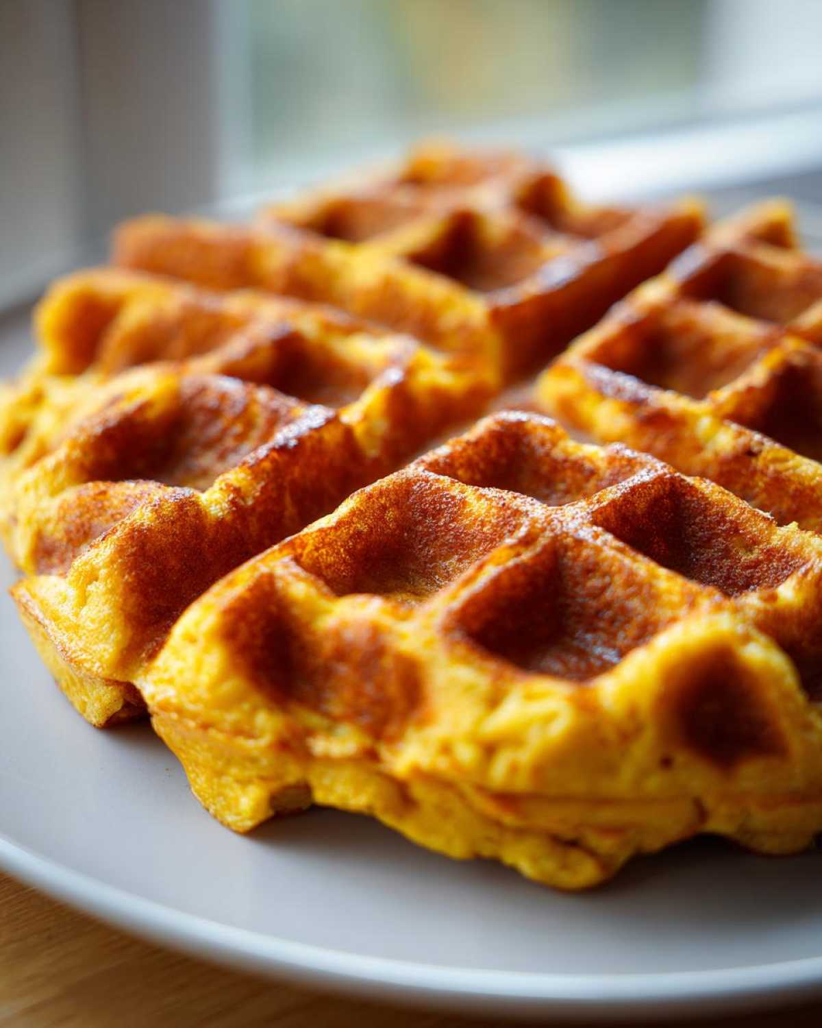Close-up of a golden brown, fluffy high protein waffle served on a light gray plate.