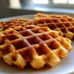 Close-up of three golden brown, fluffy high protein waffles lightly drizzled with syrup on a white plate.