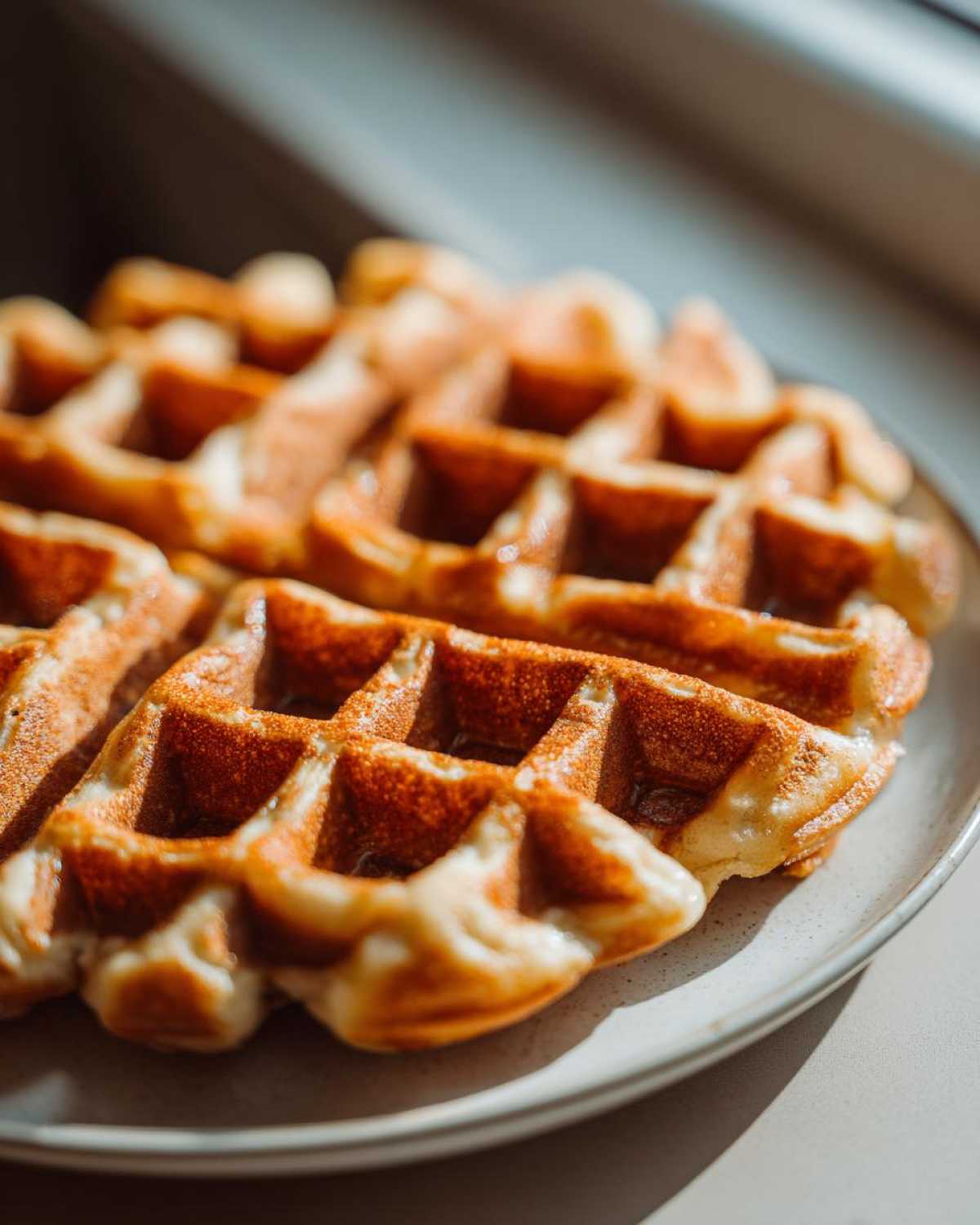 Close-up of golden brown, fluffy high protein waffles served on a light-colored plate, catching morning sunlight.