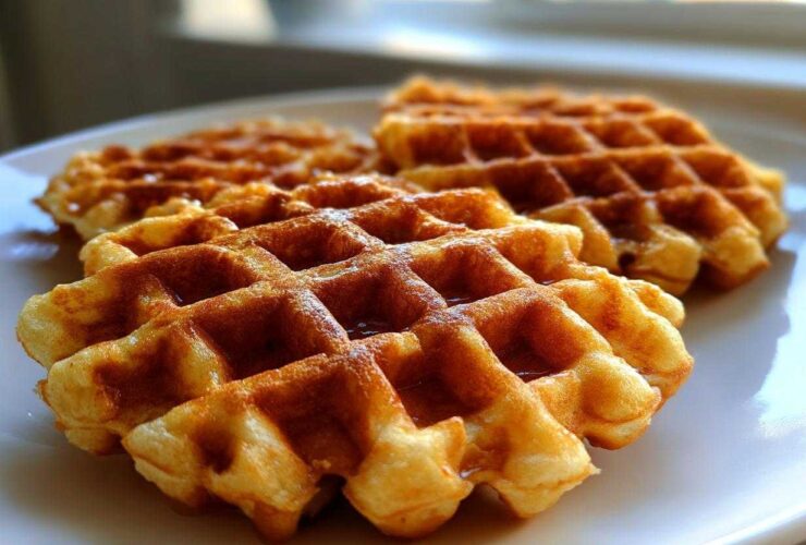 Close-up of three golden brown, fluffy high protein waffles lightly drizzled with syrup on a white plate.
