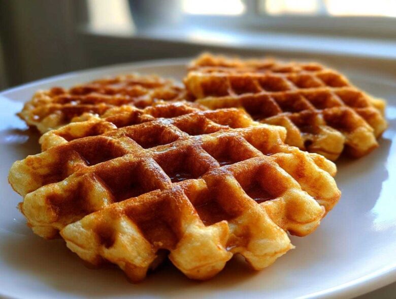 Close-up of three golden brown, fluffy high protein waffles lightly drizzled with syrup on a white plate.
