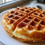 Close-up of a perfectly golden brown, fluffy high protein waffle served on a white plate.