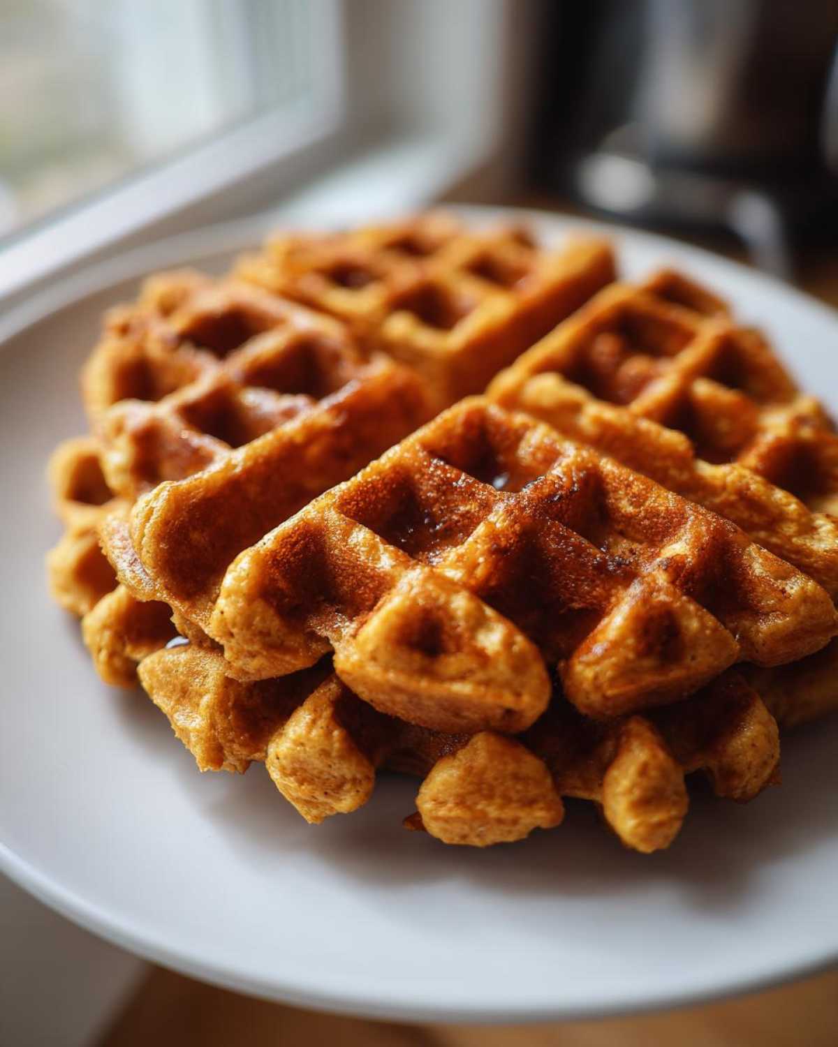Close-up of a stack of golden brown, fluffy high protein waffles resting on a white plate near a window.