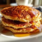 Close-up of a stack of three fluffy oatmeal pancakes drizzled generously with golden syrup.