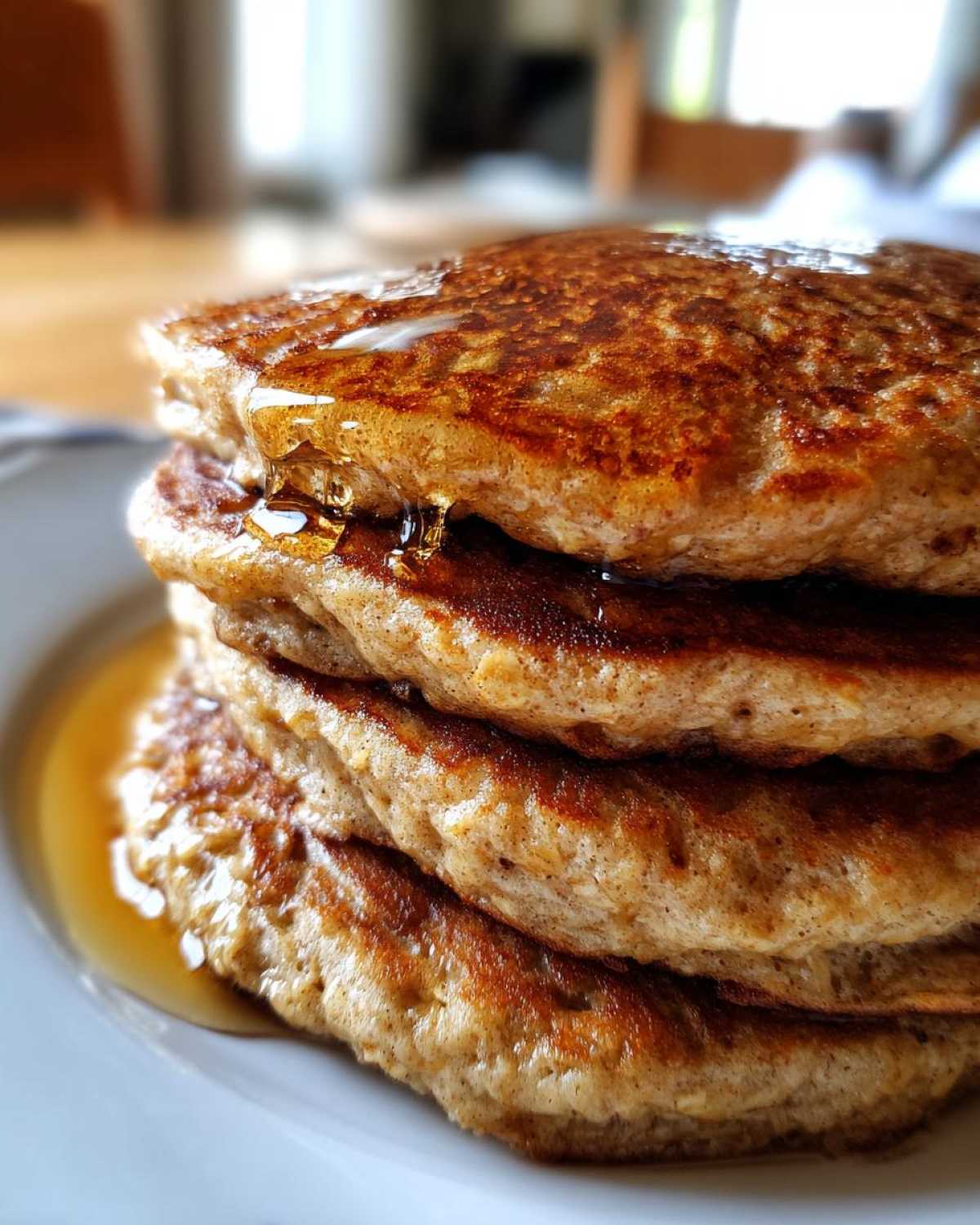 A close-up stack of four fluffy oatmeal pancakes drizzled with golden syrup.
