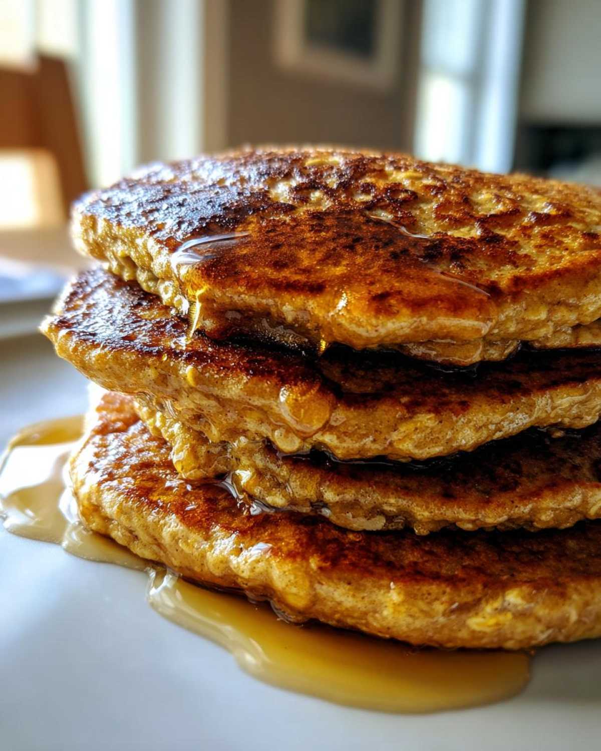 Close-up of a stack of four fluffy oatmeal pancakes generously drizzled with golden syrup.