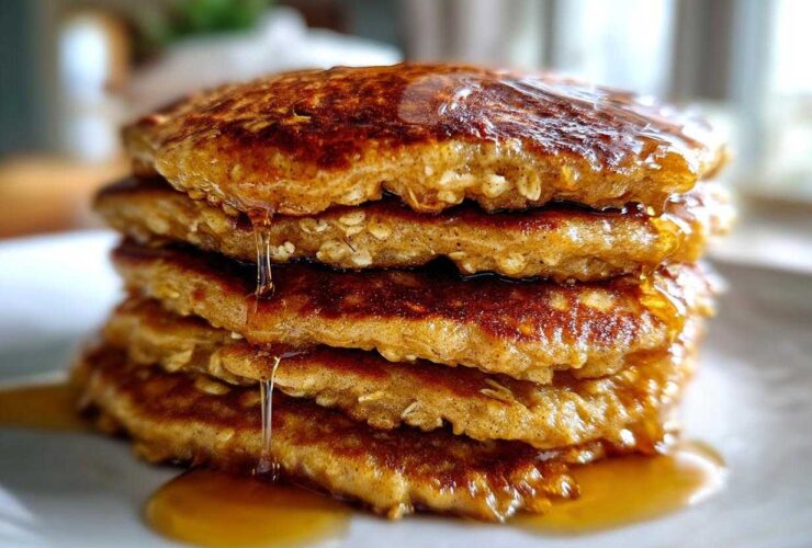 A tall stack of four fluffy oatmeal pancakes covered in glistening syrup dripping down the sides.