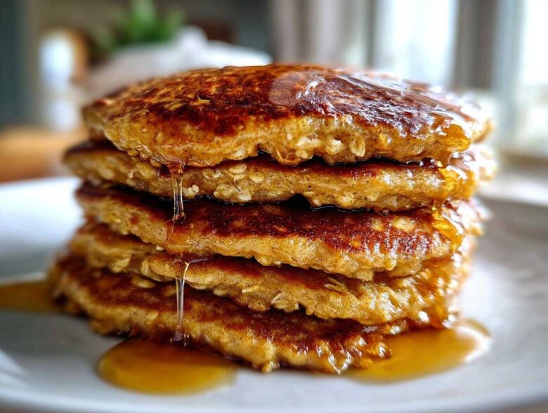 A tall stack of four fluffy oatmeal pancakes covered in glistening syrup dripping down the sides.