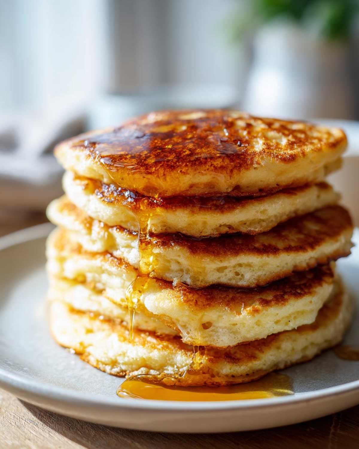 Close-up of a tall stack of fluffy oatmeal pancakes dripping with golden syrup on a light plate.