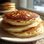 A close-up stack of three golden-brown, very fluffy pancakes sitting on a white plate.
