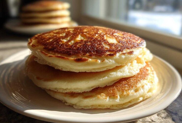 A close-up stack of three golden-brown, very fluffy pancakes sitting on a white plate.