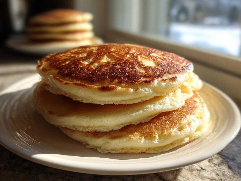 A close-up stack of three golden-brown, very fluffy pancakes sitting on a white plate.