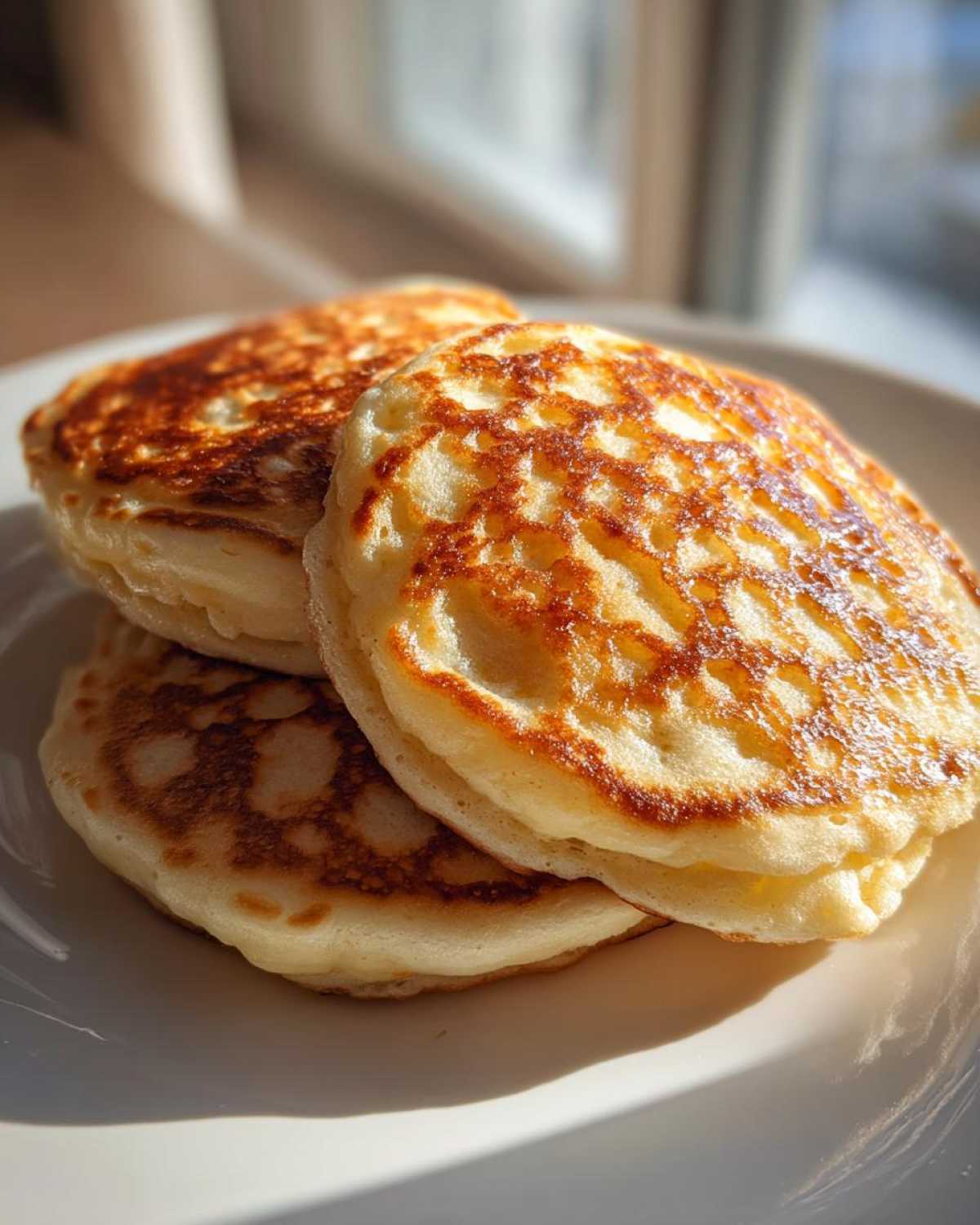 A close-up stack of three perfectly golden brown sourdough discard pancakes resting on a white plate.