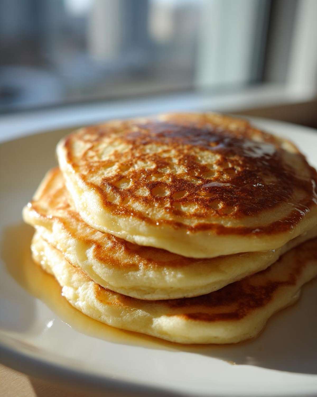A close-up stack of three fluffy sourdough discard pancakes drizzled with syrup, sitting on a white plate.