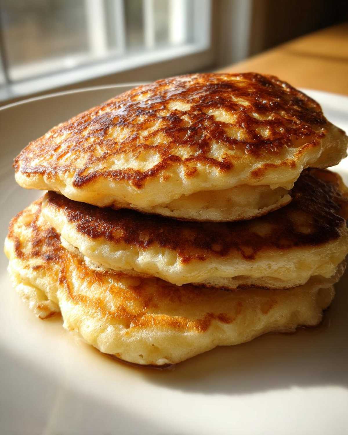A close-up stack of three golden-brown, fluffy sourdough discard pancakes on a white plate.