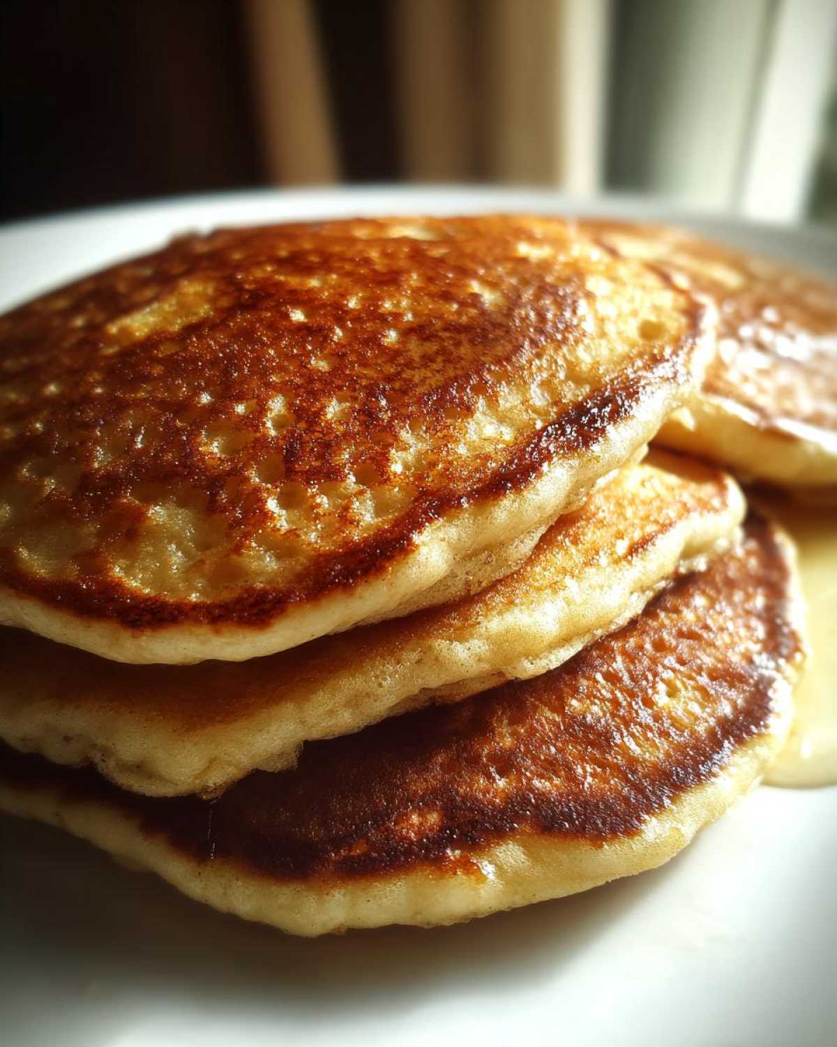 A close-up stack of three golden-brown, fluffy sourdough discard pancakes on a white plate.