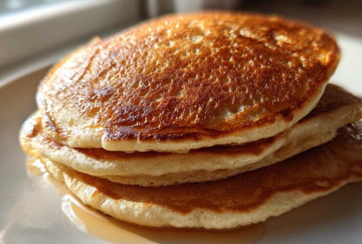 A close-up stack of three fluffy sourdough discard pancakes glistening with syrup.