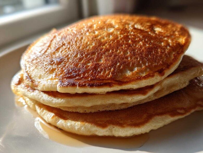A close-up stack of three fluffy sourdough discard pancakes glistening with syrup.