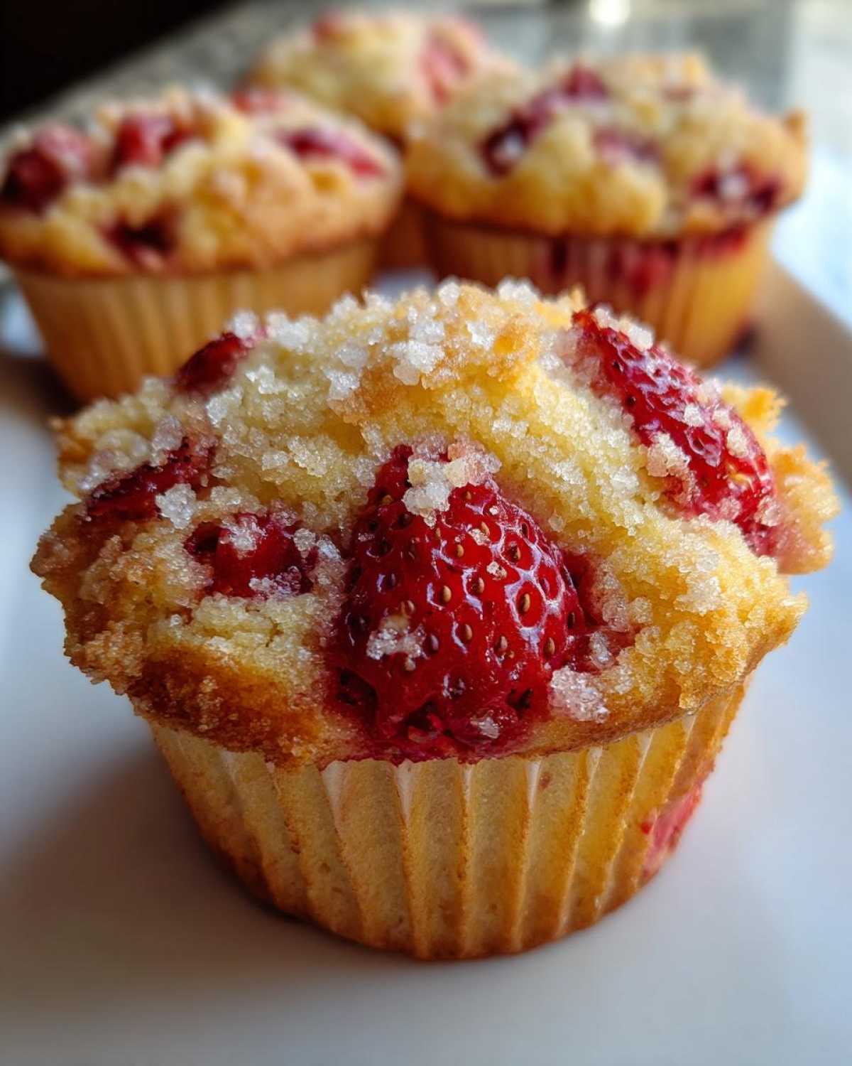 A close-up of a fluffy strawberry muffin topped with coarse sugar and visible pieces of fresh strawberry.