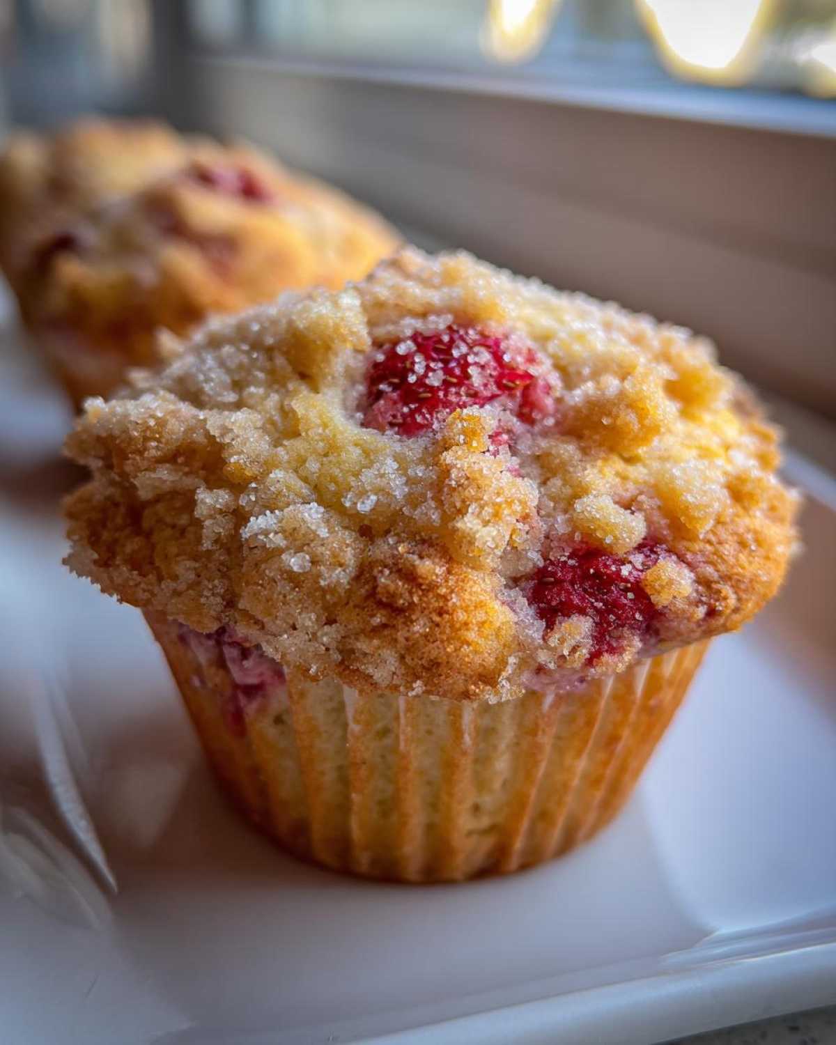 A close-up of a fluffy strawberry muffin topped with a sugary streusel and visible strawberry pieces.