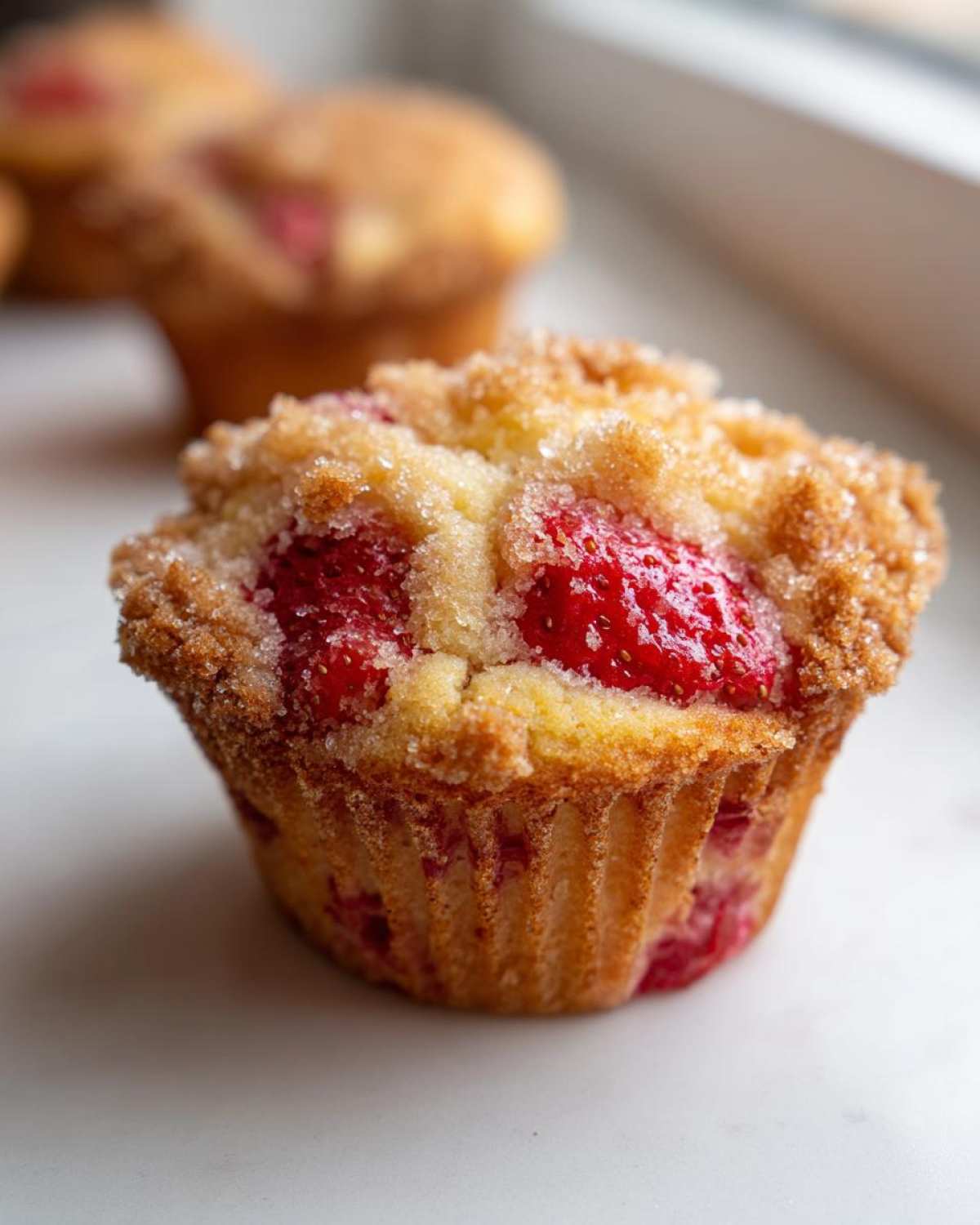 A close-up of a fluffy strawberry muffin topped with coarse sugar crystals and visible strawberry pieces.