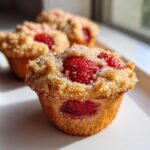 Close-up of a fluffy strawberry muffin topped with fresh strawberries and coarse sugar crystals.