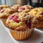 Close-up of several fluffy strawberry muffins topped with coarse sugar, sitting on a white plate.