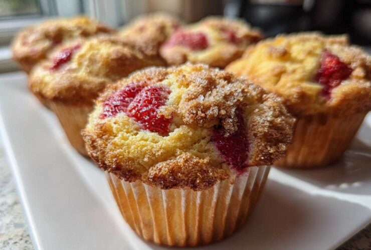 Close-up of several fluffy strawberry muffins topped with coarse sugar, sitting on a white plate.