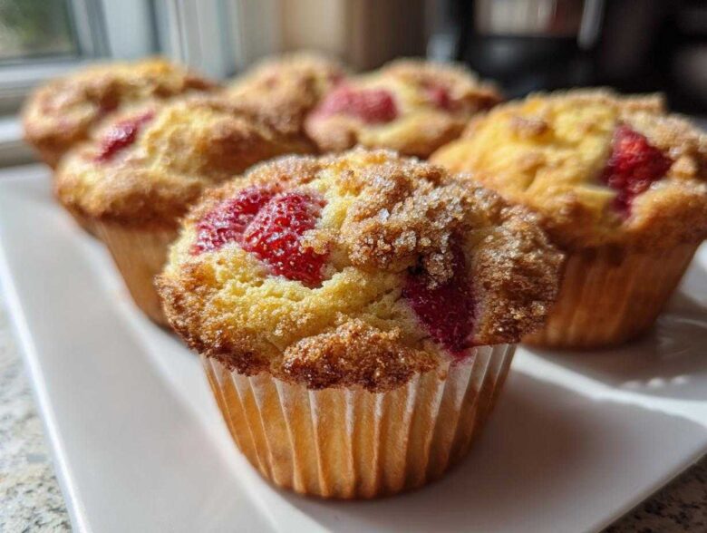 Close-up of several fluffy strawberry muffins topped with coarse sugar, sitting on a white plate.