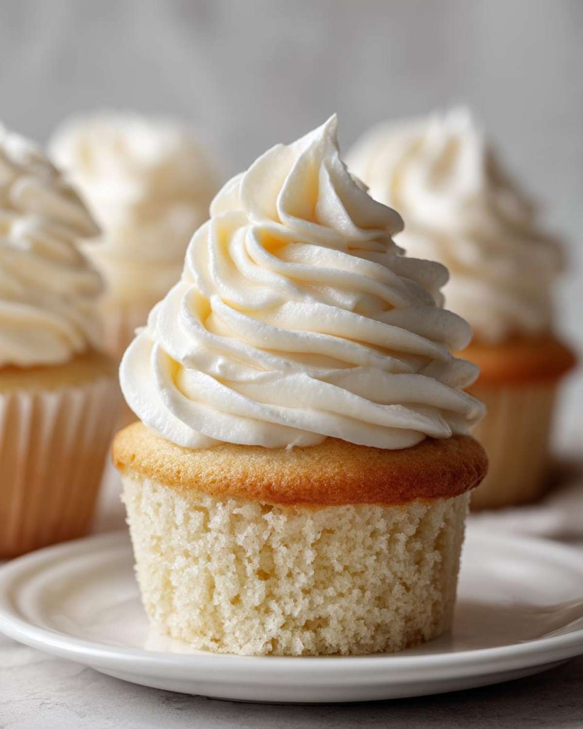 Close-up of a perfectly baked vanilla cupcake with a tall swirl of white buttercream frosting, sitting on a small white plate.